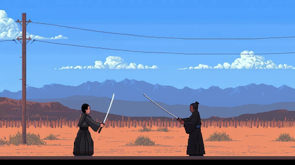 Two figures in black robes face each other in a desert landscape.  They hold swords, poised for battle.  A single wooden pole with power lines stretches across the horizon.  The sky is a clear blue, with white clouds drifting overhead.  The scene is rendered in a pixelated style, giving it a retro video game feel.  The backdrop of the image features distant mountains.  There is a sense of impending confrontation, a quiet tension building between the two figures.  The image suggests a story of honor, loyalty, and the price of conflict.
