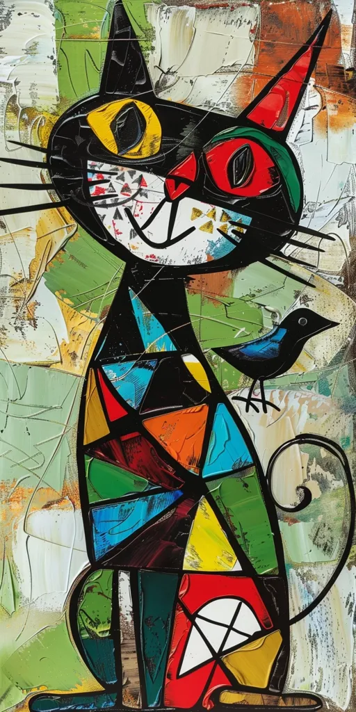 The image is a painting of a black cat with a large, yellow eye and a red, green, and white ear. The cat is outlined in black and filled in with a variety of colors including blue, red, yellow, green, and orange. The background is a swirling mix of green, yellow, white, and gray. A blue bird perches on the cat’s tail. The painting is done in a stylized, abstract manner.