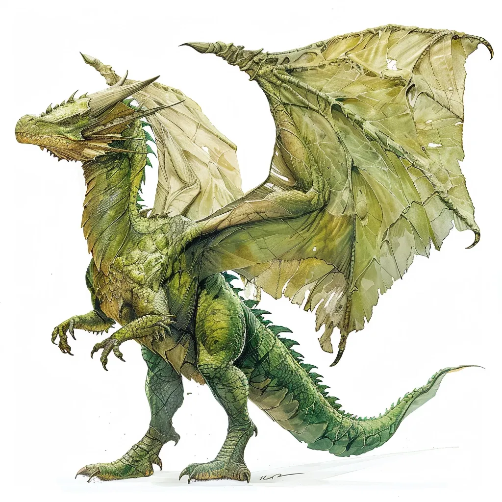 The image depicts a green dragon with large, leafy wings spread out behind it. It has a long, serpentine tail and sharp claws. Its scales are a vibrant green, with hints of yellow and brown. The dragon's eyes are fierce and intelligent, and its expression is alert and watchful. The background is white, creating a stark contrast with the dragon's green hues.