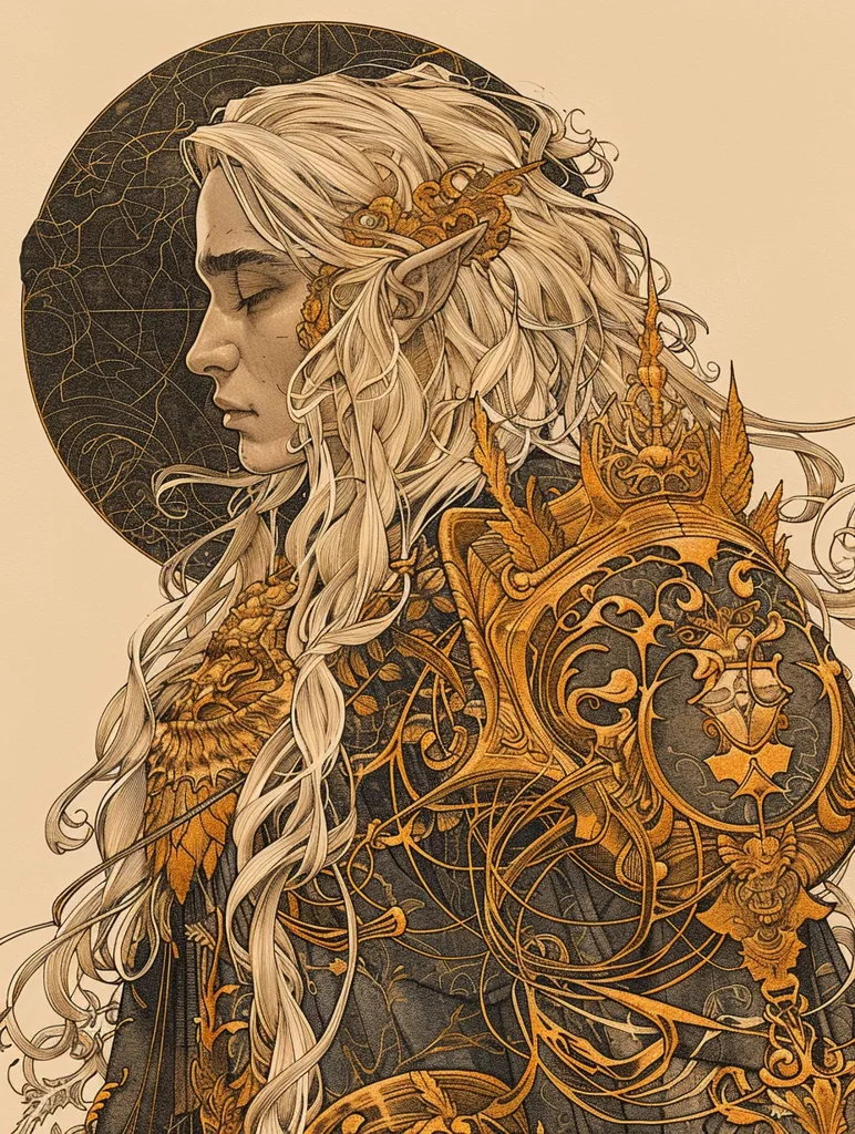 The image depicts a detailed drawing of a blonde-haired elf with pointed ears. They are adorned in intricate gold and black armor, with elaborate filigree patterns and ornate designs. Their eyes are closed, and they appear to be in a state of deep contemplation, their gaze directed downwards. The background is a simple beige, allowing the intricate details of the figure to take center stage. The overall impression is one of power, grace, and mystical beauty.
