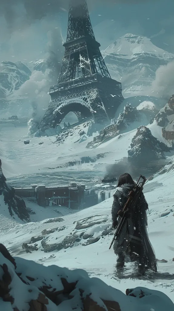 A lone figure stands in a snowy, desolate landscape, gazing at the ruined Eiffel Tower. The iconic structure lies broken and half-buried in the snow, a stark reminder of a lost past. The icy terrain stretches out, covered in a thick layer of snow, with a mountain range looming in the distance. The scene evokes a sense of post-apocalyptic solitude, a stark contrast to the grandeur of the Eiffel Tower's former glory.