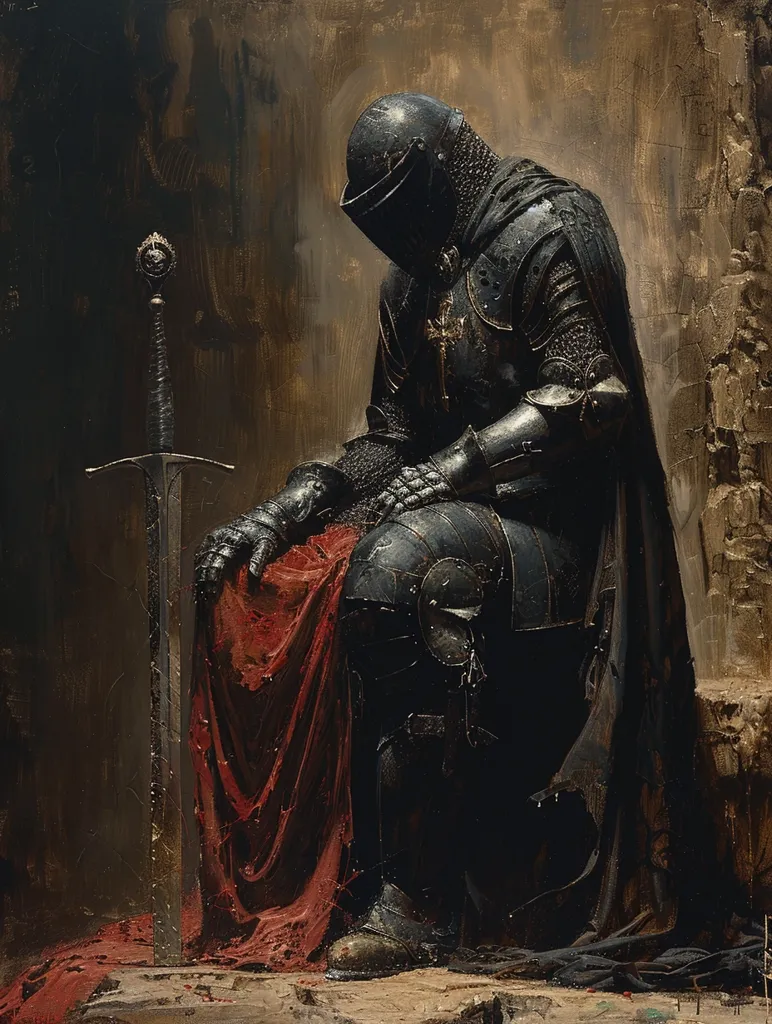 A knight in full black armor sits with his head bowed, his sword planted in the ground beside him. His cloak hangs around him, a deep red lining visible. His armor is intricately detailed, depicting a sense of both power and vulnerability. The setting is a dark, textured background, suggesting a somber mood. The knight's posture and the dark atmosphere convey a sense of sadness or contemplation.