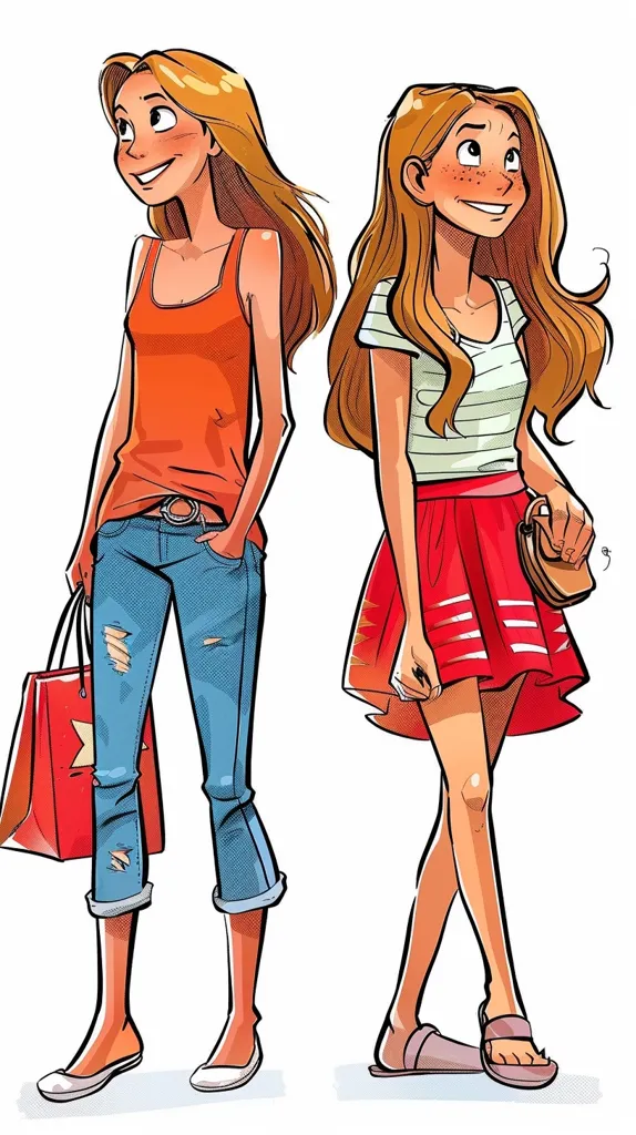 Two young women, both with long, blonde hair, are standing side-by-side. The woman on the left is wearing a bright orange tank top, blue jeans with holes in the knees, and red flats. She is holding a red shopping bag. The woman on the right is wearing a white and grey striped shirt, a bright red skirt, and brown sandals. She is holding a small brown purse. They both have a cheerful expression on their faces. They are standing against a white background.