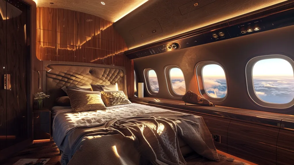 The image shows a luxurious private jet cabin. The bed is made with plush bedding and throws, and there are multiple windows providing views of the clouds. The cabin is decorated with rich wood paneling and gold accents. The overall atmosphere is one of comfort and opulence, suggesting a high-end travel experience.