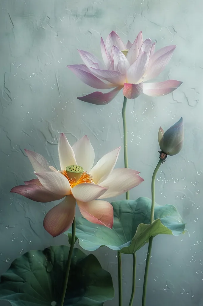 Three pink lotus flowers with large green leaves stand tall against a soft blue background with tiny water droplets. The flowers are in various stages of bloom, one fully open, another partially open, and the third a bud. The scene evokes a sense of tranquility and serenity.  The delicate petals of the flowers and the soft blue background create a harmonious composition.
