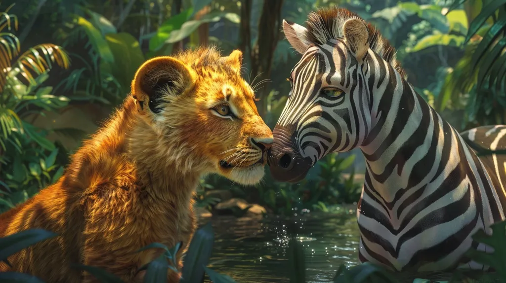 A young lion cub and a zebra are standing side by side, noses touching. The lion cub is on the left, its golden fur glowing in the sunlight. The zebra is on the right, its black and white stripes contrasting sharply with the lion's fur. The two animals are standing in a lush, green jungle, a small stream running between them. The image captures a moment of peaceful coexistence between two unlikely friends.