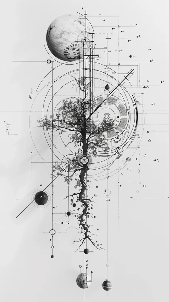 The image depicts a stylized tree with branches that resemble a network of lines and geometric shapes. The tree is positioned against a white background, and it is surrounded by small circles, lines, and a larger circle that appears like an orbit. There are also three spheres, one larger than the others, that seem to be planets. The overall design creates an abstract and artistic representation of a celestial landscape, suggesting themes of interconnectedness, growth, and cosmic order.