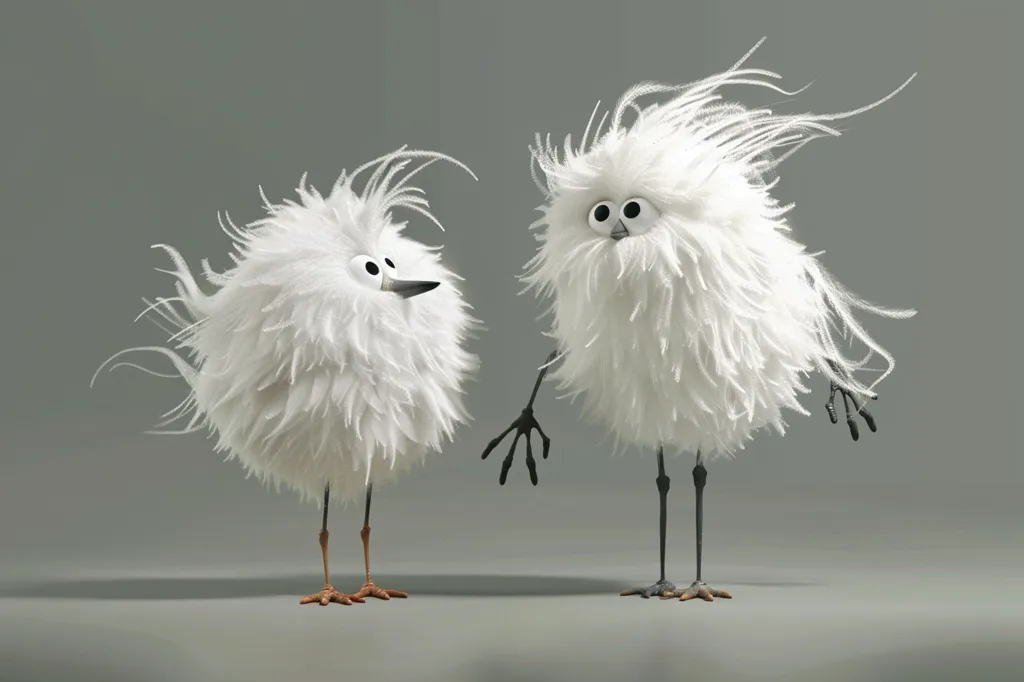 The image depicts two white, fluffy, cartoon birds with long legs and large eyes.  They are standing on a grey background. The bird on the left is facing left with its head tilted down, while the bird on the right is facing right and appears to be extending a wing towards the other bird.  They look playful and whimsical.