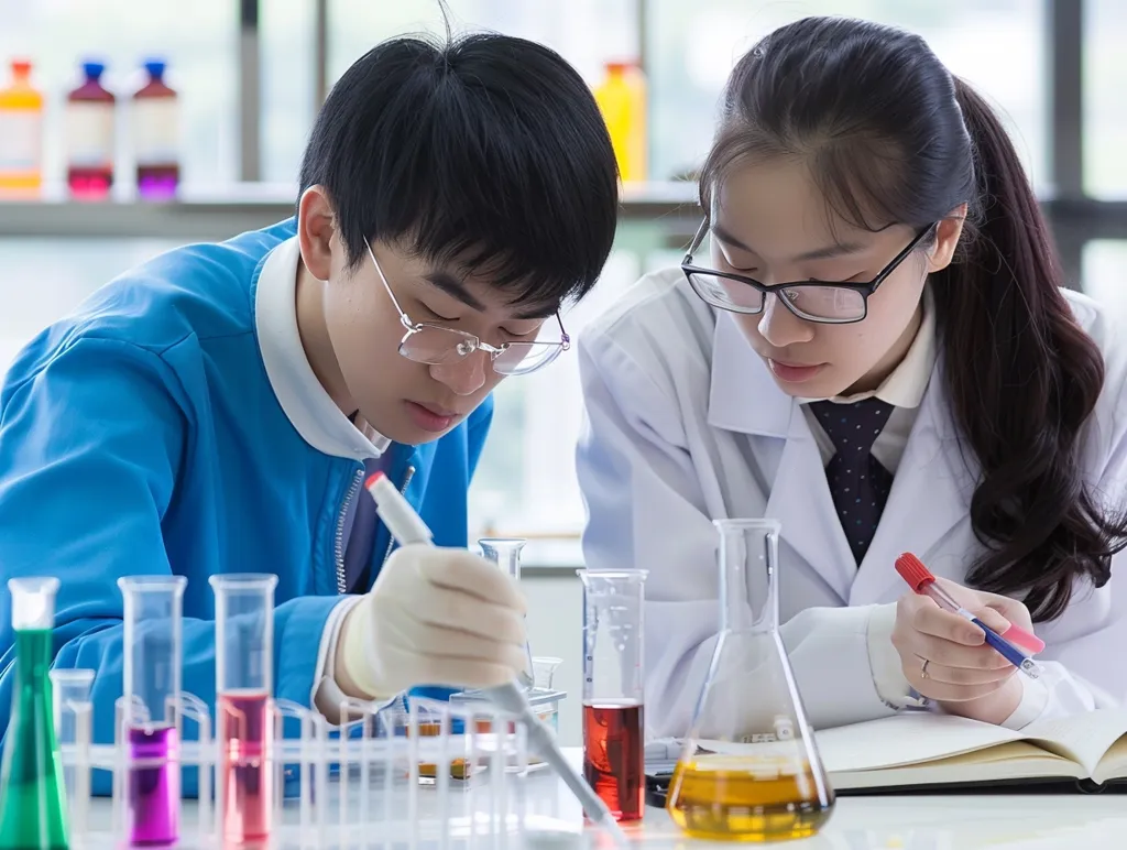 Two young scientists, a man in a blue lab coat and a woman in a white lab coat, are conducting an experiment in a laboratory. The man is using a pipette to transfer liquid from a beaker into a test tube, while the woman is writing notes in a notebook and holding a red marker. There are several test tubes and beakers filled with colorful liquids on the table. The scene is brightly lit and the lab equipment is modern and clean.