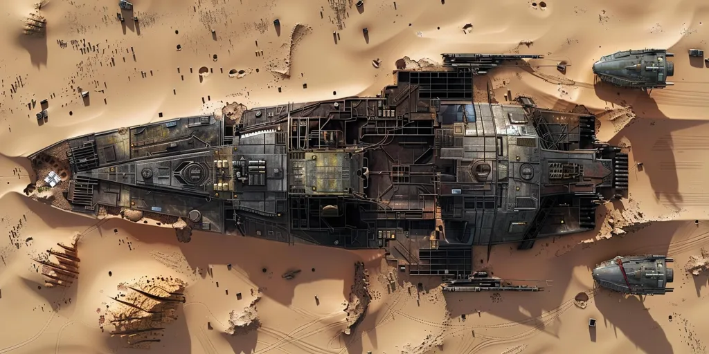 An aerial view of a large, metallic spaceship partially buried in a sandy desert landscape. The ship is heavily damaged and rusted, revealing its intricate internal structure. Two smaller, dark-colored spacecraft are lying nearby, also partially submerged in the sand. The image evokes a sense of abandonment and the passage of time.