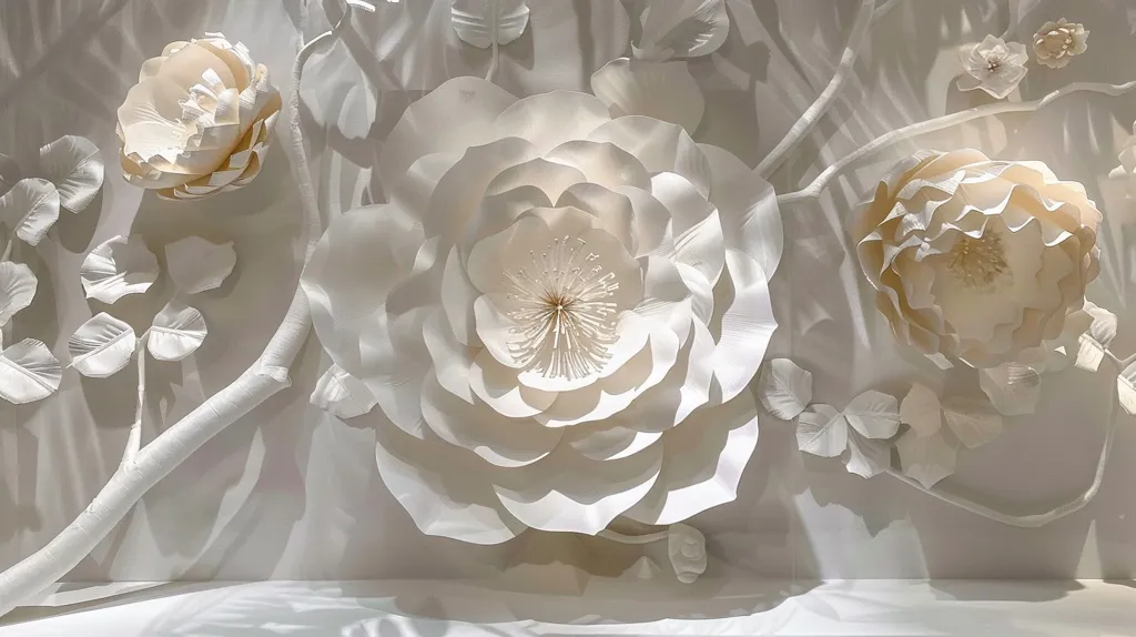 A white background is adorned with paper flowers. A large, center flower is surrounded by smaller blossoms, leaves, and delicate branches. The paper flowers appear to be three-dimensional, adding texture and depth to the design. The overall effect is elegant and understated, creating a sense of tranquility and beauty.