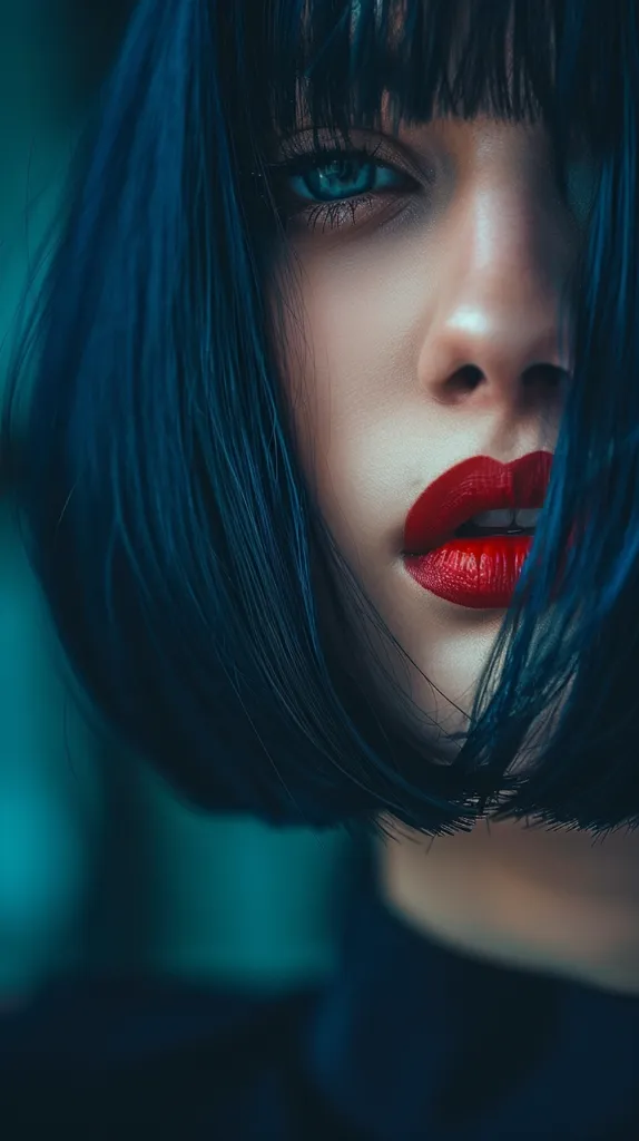 The image is a close-up portrait of a woman with dark blue hair. Her hair covers most of her face, but her piercing blue eyes and red lips are visible. The image has a moody and mysterious feel, with a soft focus and muted colors. The woman's gaze is intense, drawing the viewer's attention.  Her dark hair and red lips create a striking contrast.  The image suggests a sense of intrigue and hidden beauty.