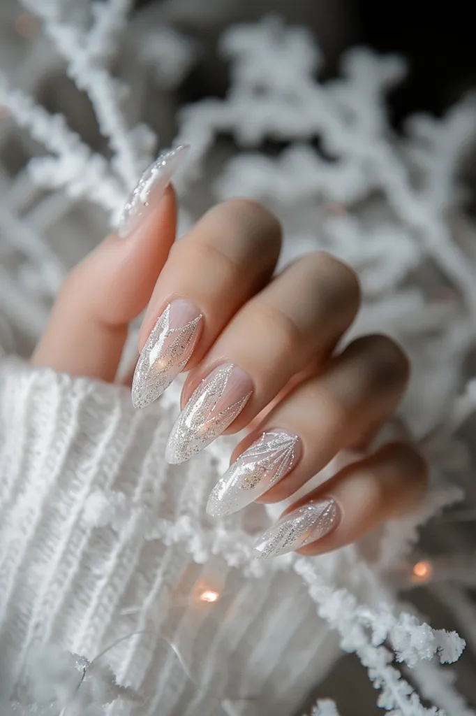 A hand with long, almond-shaped nails adorned with a delicate, glittery, white design. The nails are set against a backdrop of soft, white, fuzzy fabric. The image captures the beauty and detail of the nail art, highlighting the shimmer and shine of the glitter. The overall effect is elegant and feminine.