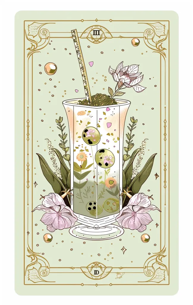 The image depicts a tarot card with a green background and an ornate gold border.  The card features a tall glass filled with a light green liquid, a straw, and several round, spotted objects. The glass is surrounded by green foliage and pink flowers.  The card number, "III", is displayed at the top.  There are small, golden stars scattered around the image.