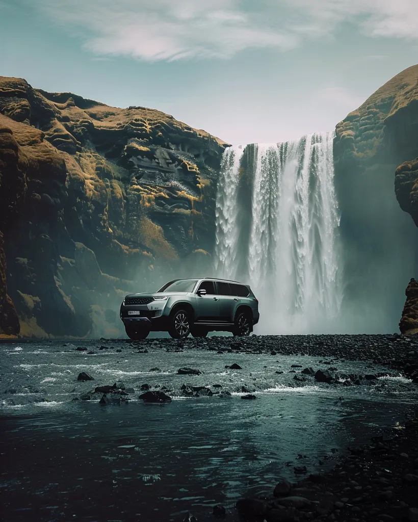 A silver SUV is parked in front of a large waterfall, cascading down a rocky cliff. The water flows over a wide, dark riverbed, creating a dramatic contrast with the bright sky and the lush green vegetation. The scene evokes a sense of grandeur and tranquility.