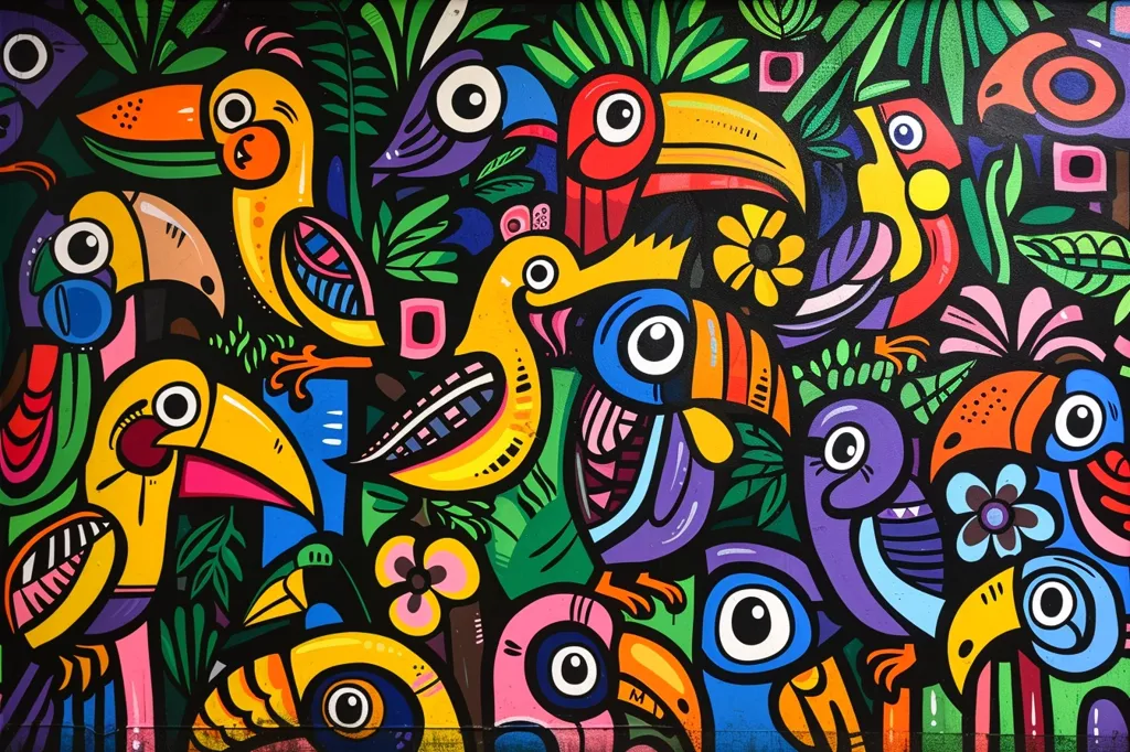 The image shows a vibrant and colorful mural featuring a variety of toucans and birds, set against a background of lush green leaves and flowers.  The toucans have large, expressive eyes and colorful beaks, while the other birds are depicted in a variety of poses. The mural is a celebration of the beauty and diversity of nature, using bright and bold colors to create a cheerful and playful atmosphere.