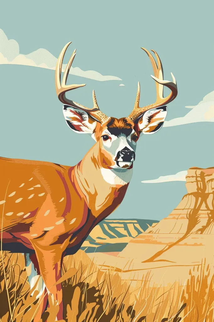 A stylized illustration of a buck with large antlers and a spotted coat stands in the foreground of a canyon landscape. The deer is looking directly at the viewer with a calm expression. The background features a rocky canyon with layers of rock formations in muted colors. The sky is a light blue with wispy clouds. The overall style is retro and illustrative.