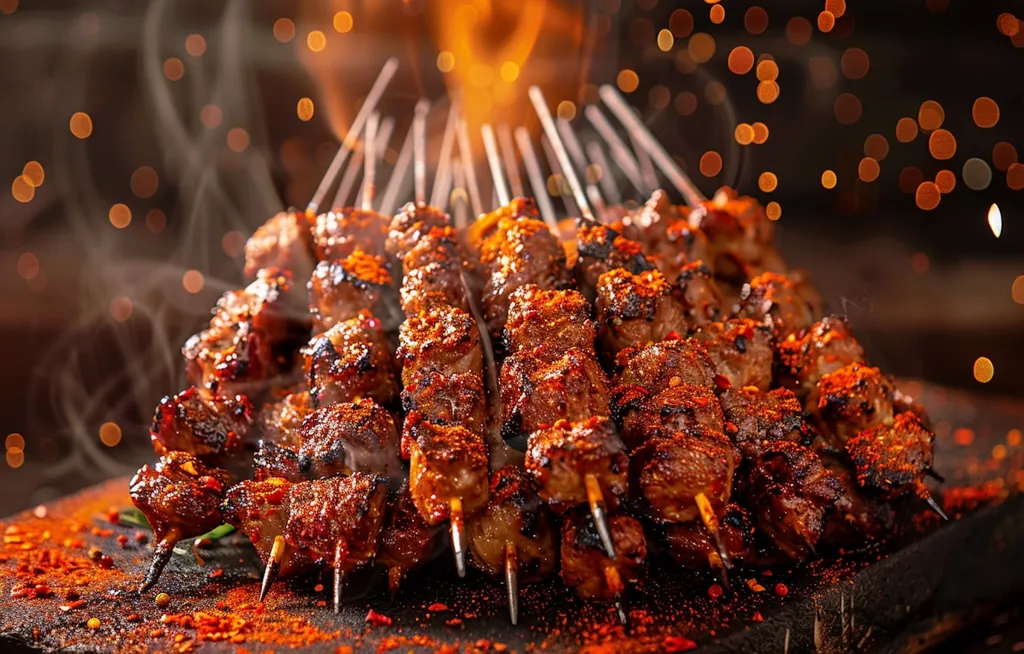 A close-up shot of grilled meat skewers, the meat is cooked to a beautiful brown with a hint of char. The skewers are arranged in a pile, with the tips of the skewers sticking out. The meat is covered in a red spice, likely paprika or chili powder, and the skewers are sitting on a black surface, surrounded by red spice.  The image is slightly out of focus, with a warm glow of light in the background.  The image is suggestive of delicious, sizzling food.