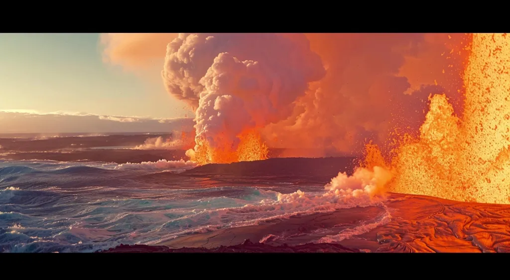 A fiery volcanic eruption sends molten lava cascading into the ocean, creating a dramatic scene of nature's power. The sky is ablaze with orange and red hues as thick plumes of smoke billow from the erupting volcano. The ocean below churns with whitecaps, reflecting the intense heat of the lava flow. The contrast between the fiery lava and the cool water creates a mesmerizing spectacle.