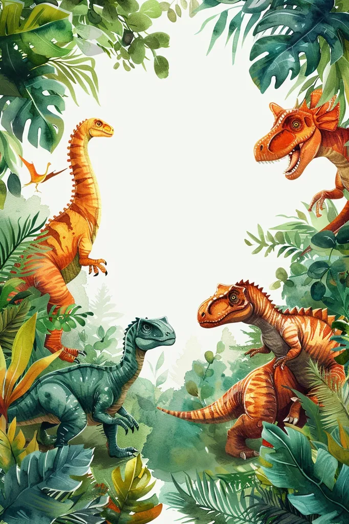 The image depicts four dinosaurs in a jungle setting. Two are orange and brown, one is green, and one is yellow. Lush green foliage surrounds them, with large leaves framing the scene. The dinosaurs are positioned in a relaxed and playful manner, suggesting a friendly encounter in their prehistoric habitat. The artwork is painted in a watercolor style, giving it a soft and whimsical feel.