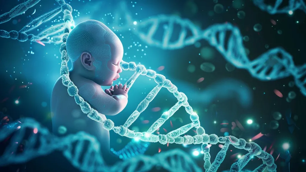 The image depicts a digital rendering of a baby fetus surrounded by DNA strands. The image is stylized and futuristic, with the DNA strands glowing in a vibrant blue against a dark blue background. The baby is posed in a fetal position, its face partially obscured by the DNA strands. The image is suggestive of the potential for genetic engineering and the future of human evolution.