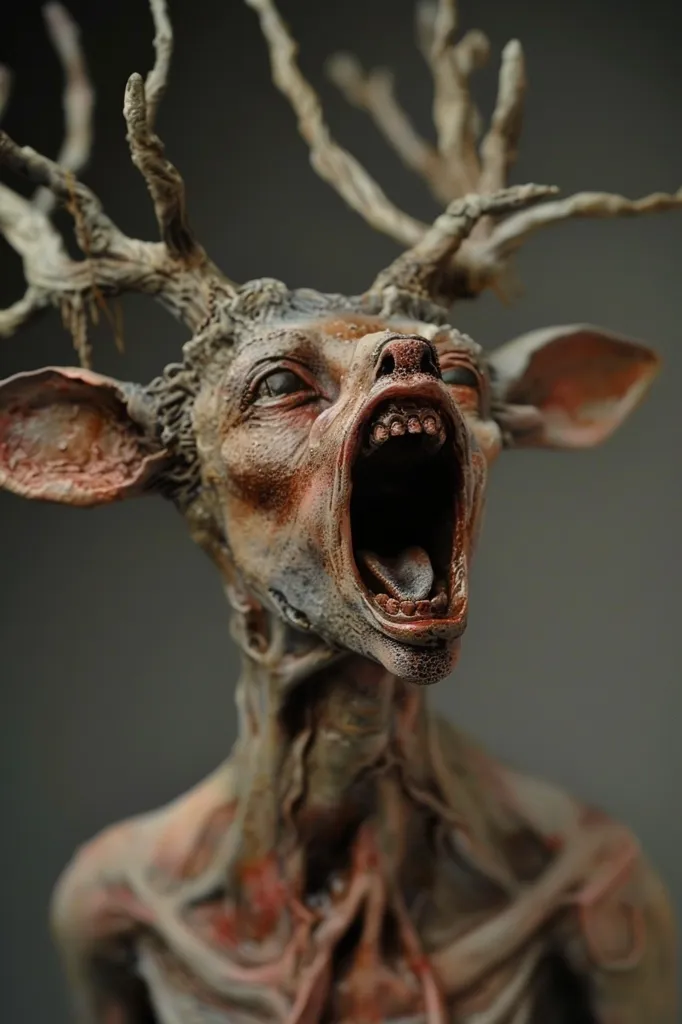 The image shows a grotesque, humanoid sculpture with deer antlers. Its mouth is wide open in a silent scream, revealing rows of teeth. The creature's skin is textured and appears to be decaying, with visible veins and muscles. The sculpture's overall appearance is disturbing and unsettling, evoking a sense of horror and the uncanny.