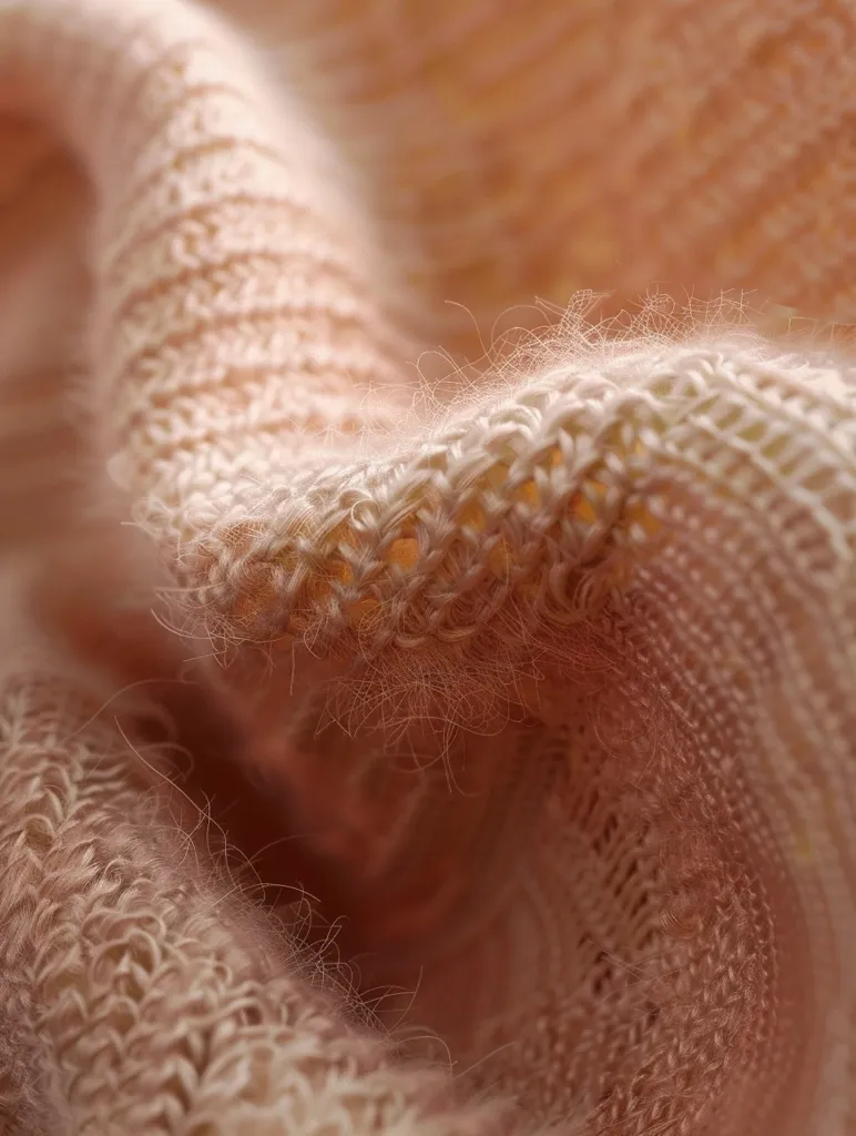 A close-up of a soft, pink knitted fabric. The texture is visible, with intricate stitches and a fuzzy, hairy surface. The fabric is folded over itself, creating a sense of warmth and comfort. The light pink color adds to the delicate and feminine feel of the image.