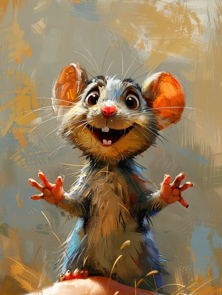 A cartoon mouse with large orange ears and wide eyes looks up with a bright smile, paws outstretched. The mouse is painted in a vibrant style with brushstrokes visible, set against a warm, textured background. It appears to be a friendly and playful character, ready to greet the viewer.  The image evokes a sense of joy and innocence.