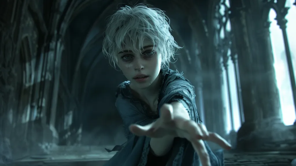 A young woman with white hair, dressed in a tattered dark garment, reaches out her hand in a desperate plea. She is standing in a dimly lit, Gothic-style interior, with tall, narrow windows framing a foggy exterior. Her eyes are wide and filled with fear, and she appears to be in distress. The image conveys a sense of vulnerability and urgency.