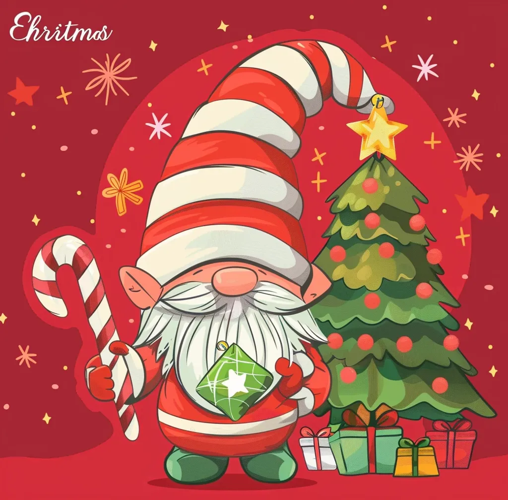A jolly Christmas gnome stands next to a decorated Christmas tree. He wears a red and white striped hat and holds a candy cane in one hand and a green gift in the other. The gnome is smiling and has a white beard. The background is a red holiday backdrop with white stars and other festive decorations.