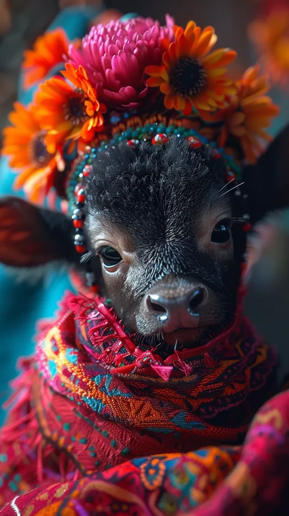 A black calf with large, expressive eyes is adorned with a vibrant, colorful flower crown and a patterned scarf. The flowers are a mix of pinks, oranges and reds. The calf's soft fur and the delicate details of the decorations create a striking visual contrast. The image captures a sense of wonder and innocence.