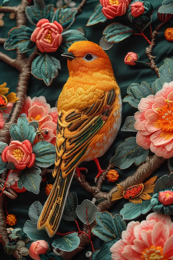 A detailed embroidery of a bright orange bird perched on a branch, surrounded by intricate embroidered flowers and leaves. The bird has a long tail and green and brown markings on its wings. The flowers are pink and orange and the leaves are a deep green. The background is a dark teal fabric. The entire piece is a testament to the skill and patience of the embroiderer.