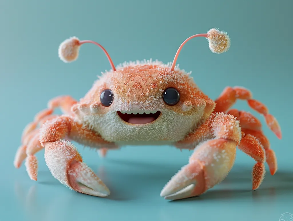 A cartoon crab with a bright orange shell and fuzzy texture smiles brightly with big, black eyes. It has a single, pointy antenna and stands on a light blue background. Its claws are extended towards the viewer, and its fuzzy shell reflects the light.