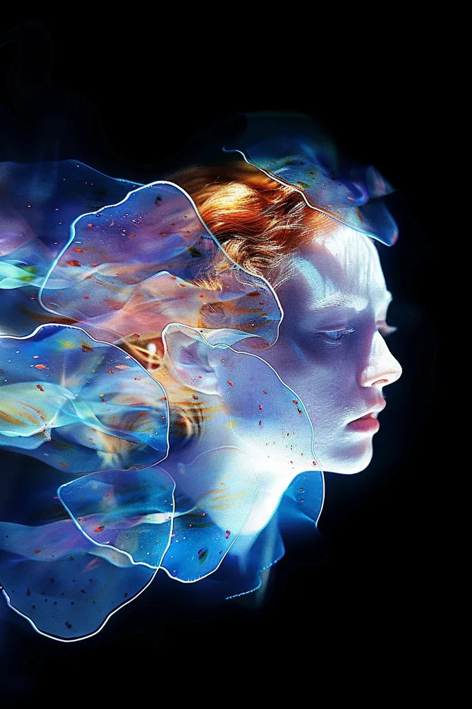 The image shows a woman's face partially obscured by a shimmering, iridescent blue and purple overlay. The overlay appears to be made of liquid or smoke, creating a dreamy, ethereal effect. The woman's red hair is visible beneath the overlay, adding warmth to the cool color scheme.  The background is a stark black, which enhances the vibrant colors of the subject.  The overall mood is one of mystery and beauty.