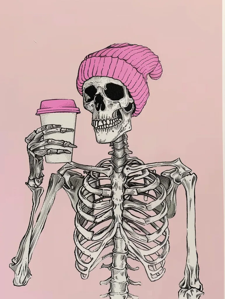 A skeletal figure with a pink beanie holds a cup of coffee in its bony hand.  The skeleton has a detailed ribcage, arms, and skull, and is depicted against a pastel pink background.