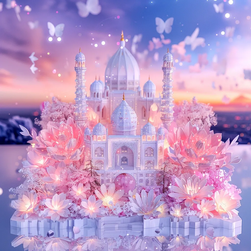 A white, intricate building, possibly a mosque, sits nestled in a bed of delicate pink flowers.  The sky is a soft blend of pink and purple, with sparkling lights and butterflies scattered throughout. The scene evokes a sense of magical wonder and tranquility.
