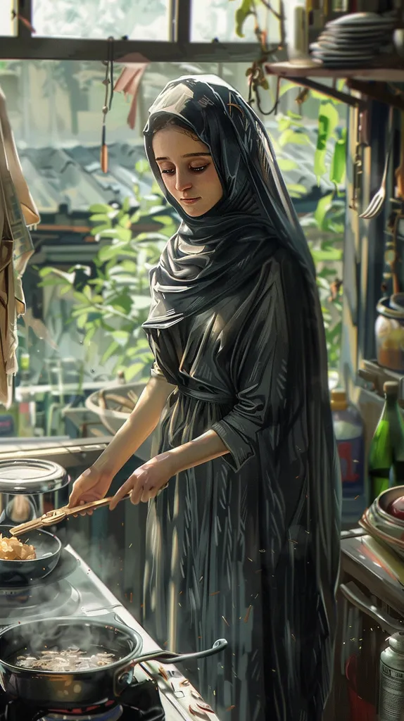 A young woman wearing a black hijab is cooking in a kitchen. She is using tongs to stir food in a pan on the stove. The kitchen is cluttered, with plants and other items on shelves in the background. Sunlight streams through the window, illuminating the scene.  The woman's focused expression and the steam rising from the pan suggest a delicious meal is in the making.