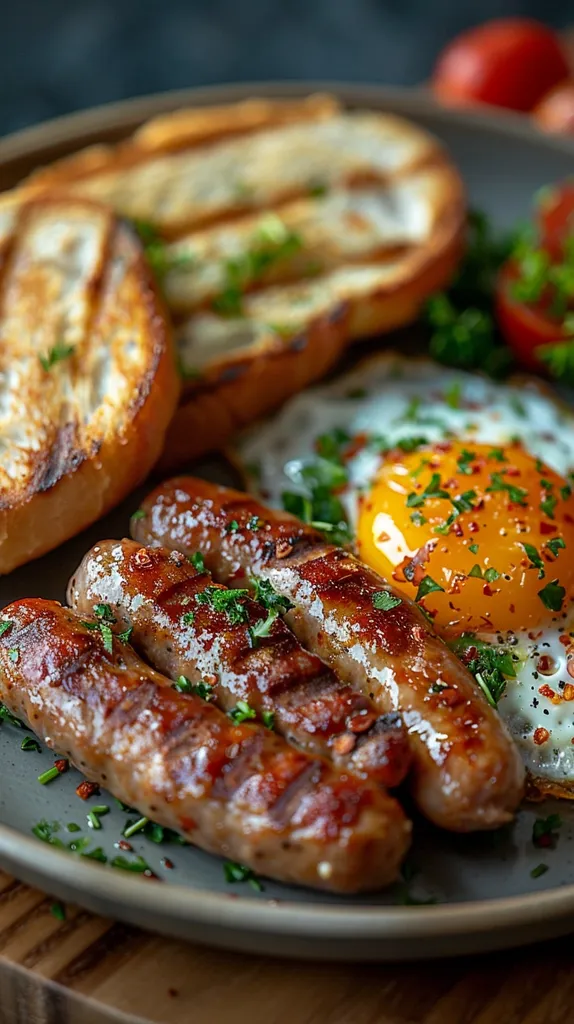 A plate of grilled sausages, fried egg, and toast, garnished with fresh parsley. The sausages are plump and juicy, the egg yolk is runny, and the toast is golden brown. The plate is set on a wooden table, creating a rustic and appetizing scene. The dish exudes a sense of comfort and indulgence.