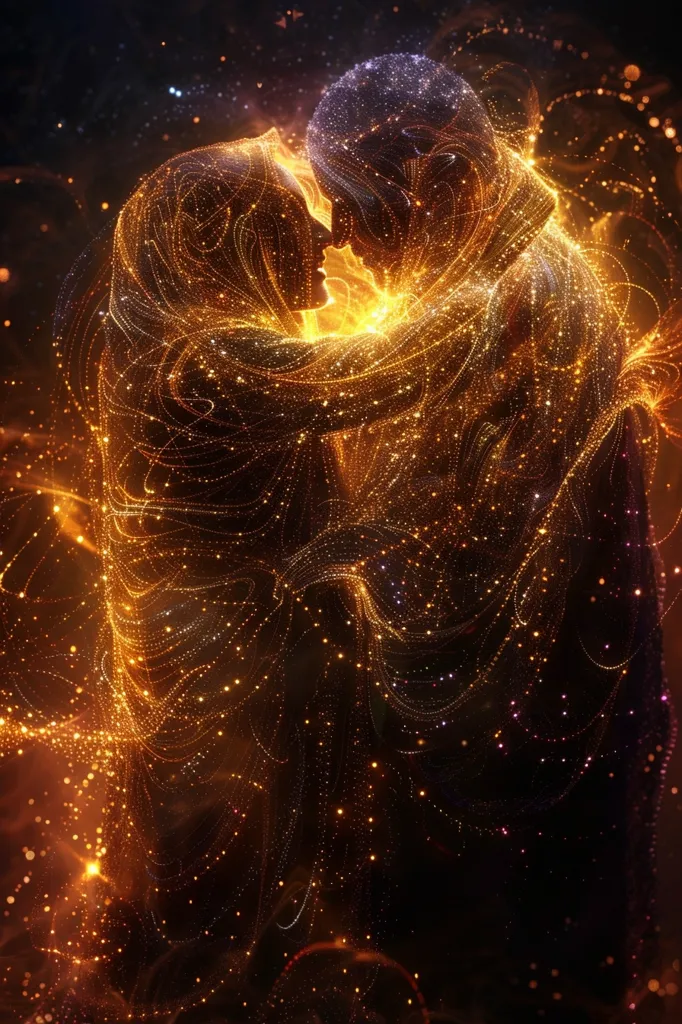 A couple is embraced in a swirling, glowing cloud of golden light. Their forms are indistinct, their faces barely visible, but their embrace is passionate and intimate. The light seems to emanate from within them, creating a sense of warmth and love. The background is a dark and starry sky, suggesting a cosmic connection between the two. The image is both romantic and ethereal, a celebration of love and unity.