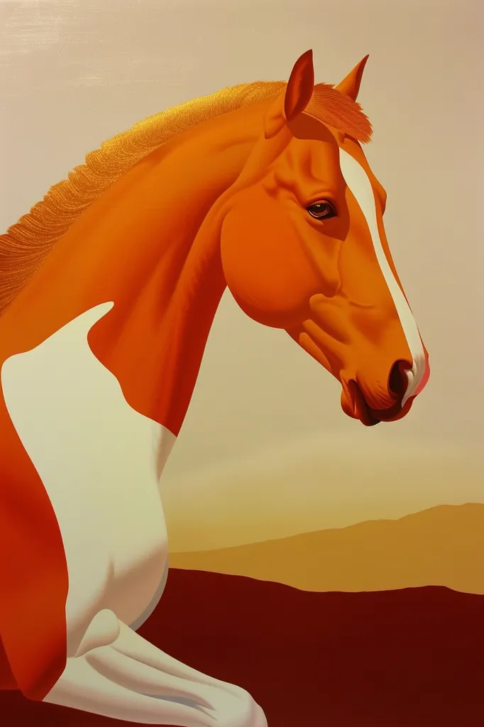 The painting features a close-up of a horse's head, capturing its powerful presence and beauty. The horse's coat is a vibrant orange with a white blaze on its face, set against a backdrop of warm, earthy tones. The artist has used bold strokes and striking colors to create a sense of movement and energy. The horse's gaze seems to be directed towards the viewer, inviting a connection.