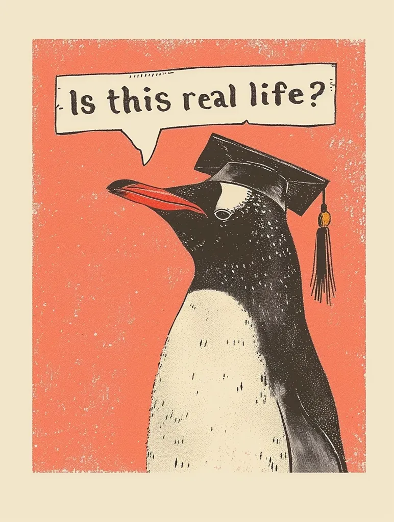 A penguin wearing a graduation cap is depicted on a coral-colored background with a speech bubble above its head that reads, "Is this real life?" The image has a vintage aesthetic, with a textured, distressed look.  The penguin has a serious expression, looking directly at the viewer.  The overall tone of the image is humorous, suggesting the penguin's confusion about the realities of life after graduation.