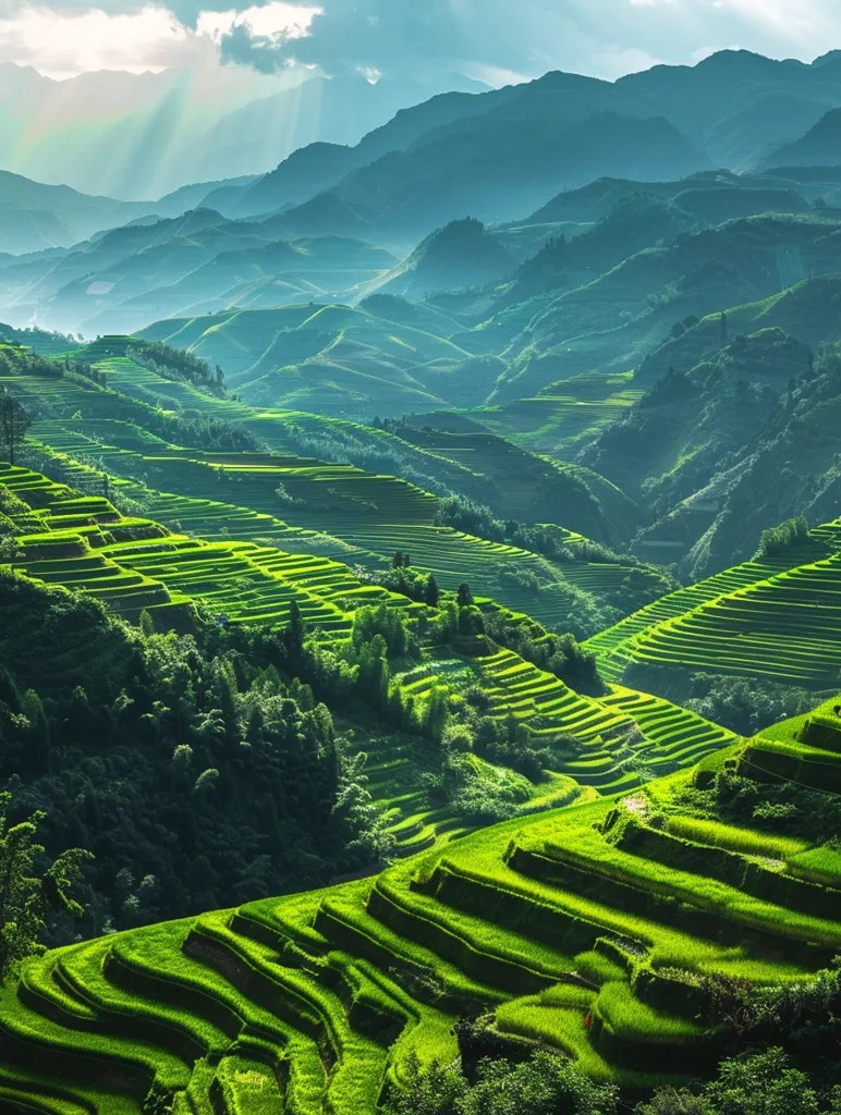The image shows a breathtaking view of rice terraces carved into the lush green hillsides.  The terraces cascade down the slopes in a mesmerizing pattern, creating a stunning visual effect. The light from the sun shines through the clouds, casting a soft glow on the landscape.  The scene is characterized by its lush greenery, intricate terracing, and the sense of tranquility.