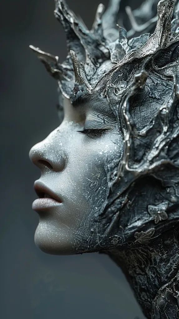 The image shows a person with their eyes closed and a detailed, intricate, silver, tree-like design on their face and neck. The design is textured, giving the impression of bark, and the person's skin appears to be covered in a fine layer of glitter. The image is in greyscale with a slightly blue-grey tone, giving it a cool and ethereal feel. The person's expression is serene and peaceful.