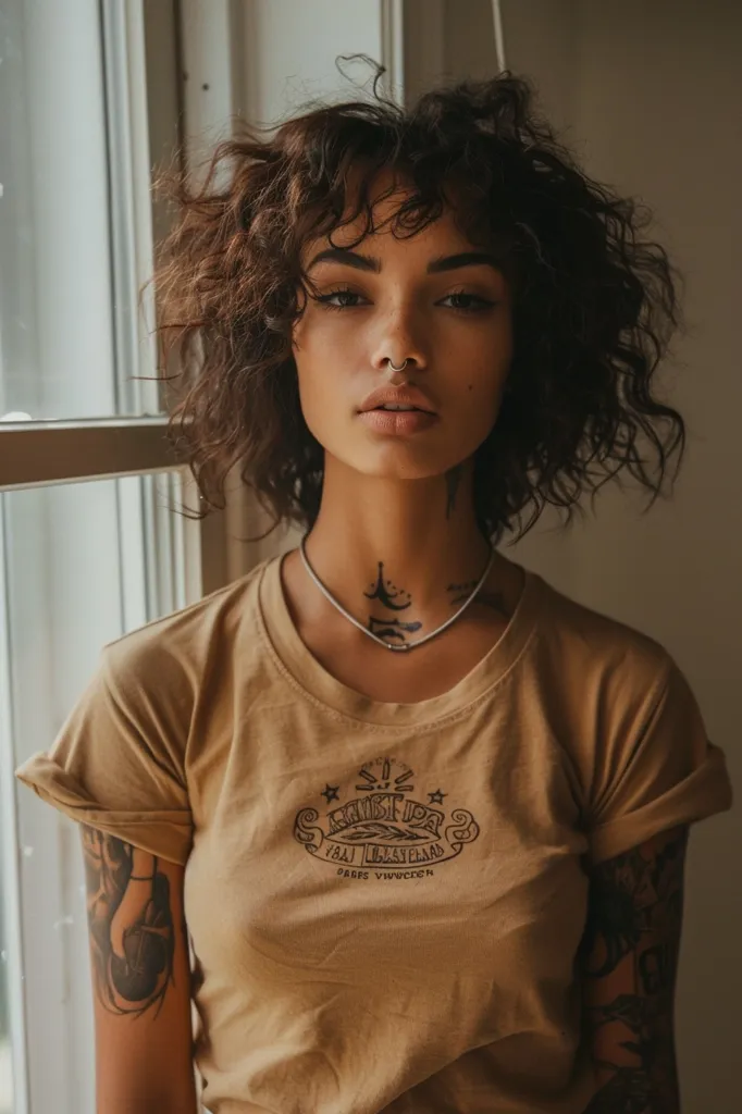 A young woman with short, curly dark hair stares intensely at the camera. She wears a tan t-shirt with a graphic design, a thin gold chain, a nose ring, and several visible tattoos. The background is blurred, showing a window and a neutral wall. The lighting is warm and soft.  She appears cool, confident, and slightly mysterious.