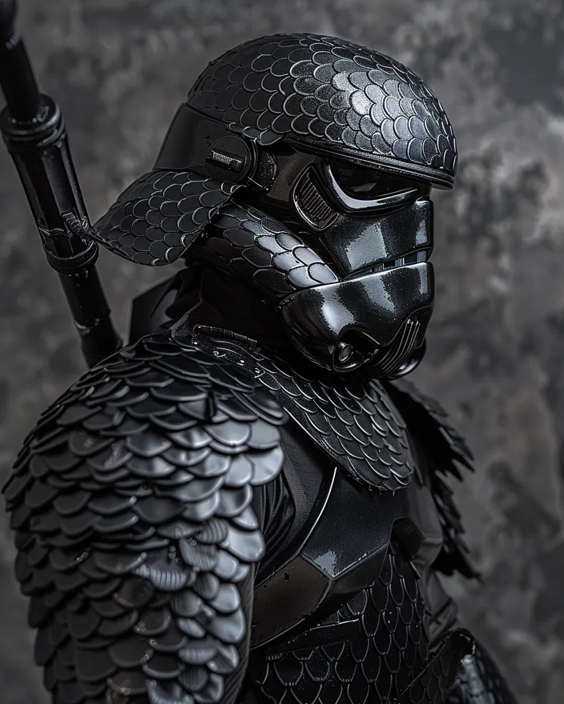 A figure clad in black, armored from head to toe, stands against a textured gray backdrop. The helmet, reminiscent of a Stormtrooper, is adorned with intricate scale-like armor, extending onto the shoulders and chest. The figure's face is obscured by the helmet's visor, adding an air of mystery and intimidation. The image evokes a sense of futuristic warfare and advanced technology.