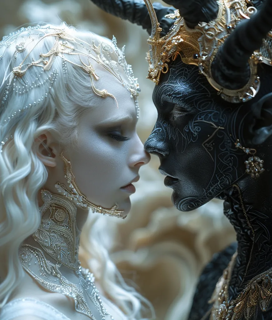 A woman with white hair and a gold and silver headdress leans in towards a black-skinned man with horns and a gold crown. They are both adorned with intricate designs, and their faces are close together. The image suggests a juxtaposition of light and dark, with the woman representing purity and the man representing darkness. The image is visually striking and evokes a sense of mystery and intrigue.