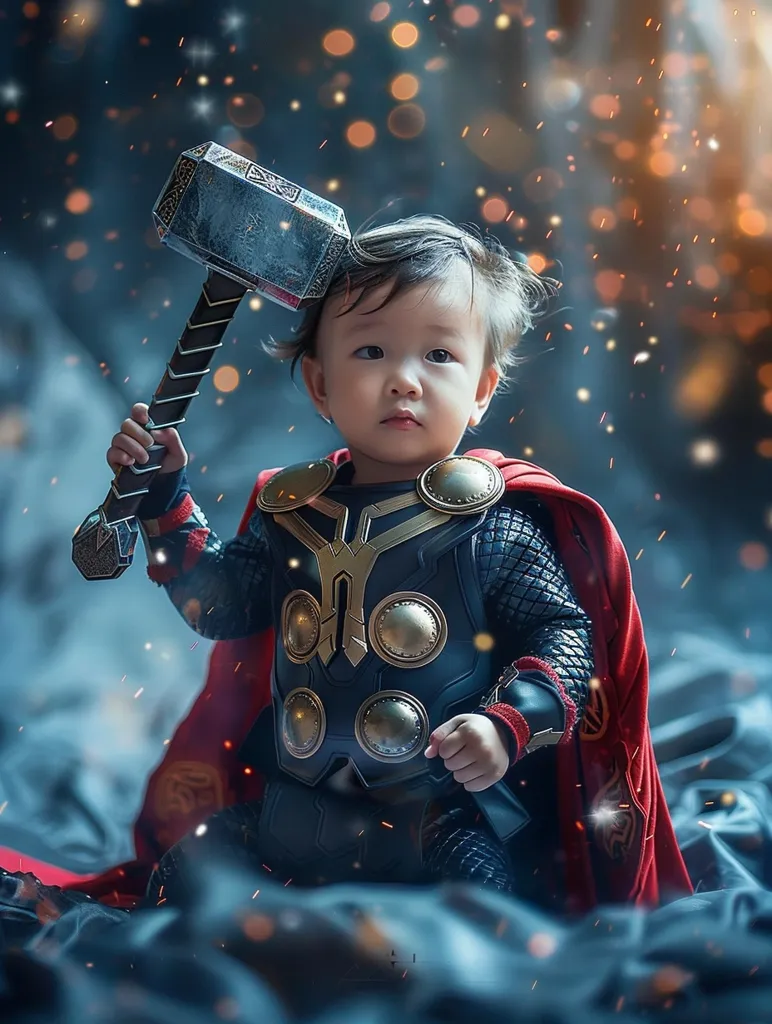 A young child, dressed as Thor, holds Mjolnir in one hand, looking intensely at something out of frame. The costume is detailed, with a black breastplate, red cape, and golden accents. Sparkles fill the background, evoking the power of the god of thunder. The child's serious expression adds a touch of humor to the scene, suggesting an innocent and playful interpretation of the mighty Thor.