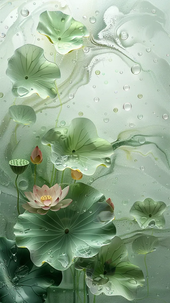 The image depicts a serene water lily scene with lush green leaves and a delicate pink water lily in bloom. The background features a soft, green, swirling pattern resembling water, adding to the peaceful ambiance. Small water droplets adorn the leaves and the background, creating a sense of moisture and tranquility. The overall impression is one of serenity and natural beauty.