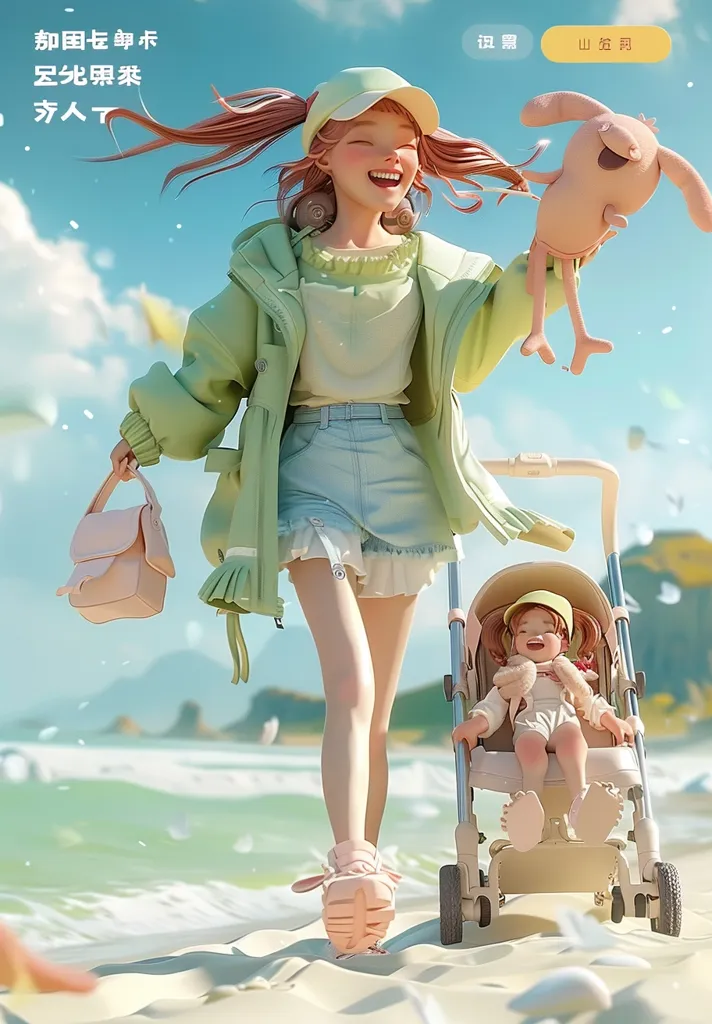 A cheerful, anime-style girl with pigtails walks along a sandy beach, pushing a stroller with a smiling baby inside. She wears a green jacket and a pink bag slung over her shoulder. The sky is blue and clear, and there are white, feathery clouds scattered across it. She is holding a pink, cartoonish dog in her other hand.  The scene is bright and lighthearted, capturing the joy of a sunny day.