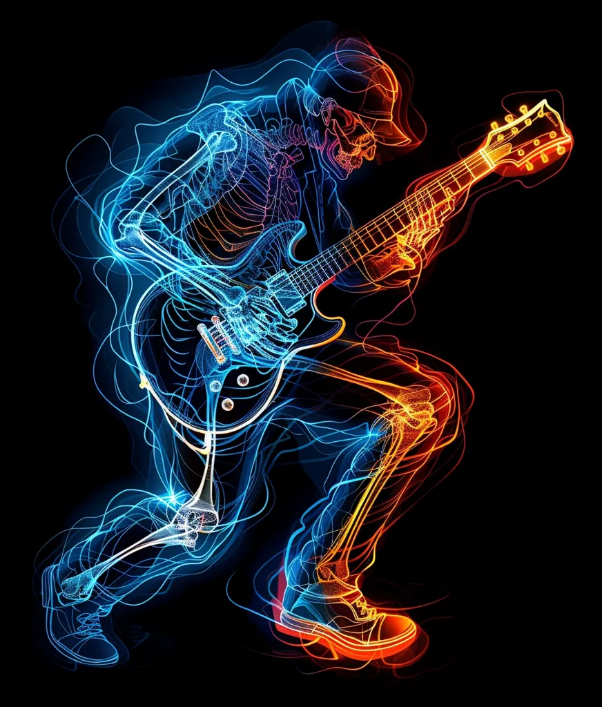 The image depicts a skeleton playing an electric guitar. The skeleton is made of bright blue and orange light, which swirls around the figure like smoke. The guitar is also illuminated in blue and orange light, giving it a spectral appearance. The image is dark and mysterious, suggesting a rock and roll concert with a supernatural element.